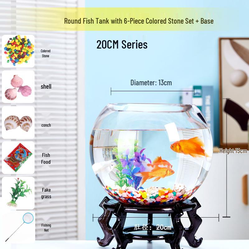 Transparent Round Glass Fish Tank for Office or Living Room - Small Desktop Aquarium for Goldfish or Turtles