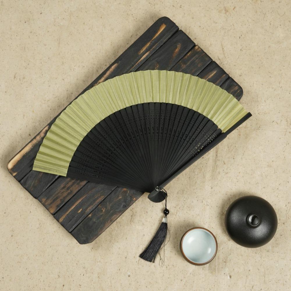 Decorative Fan Carved Handle Bamboo Folding Fan with Tassel Handhold Chinese Fan Vintage Dance Fan Photo Props