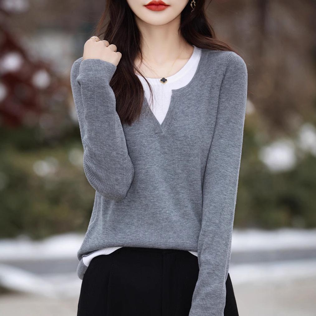 

Autumn Winter Grey Thin Two-Piece Pullover Round Neck Casual Knitted Fine Wool Sweater XXL [65-75 kg]