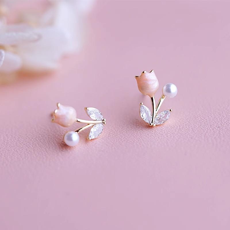 Sweet and Cute Pink Tulip Pearl Earrings High-end Light Luxury Niche Design Versatile