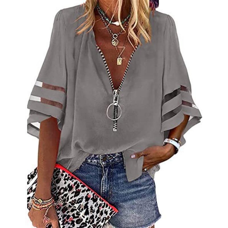 Women's Zipper Front V Neck Chiffon Blouse Casual Flare Sleeve Mesh Panel Loose Top