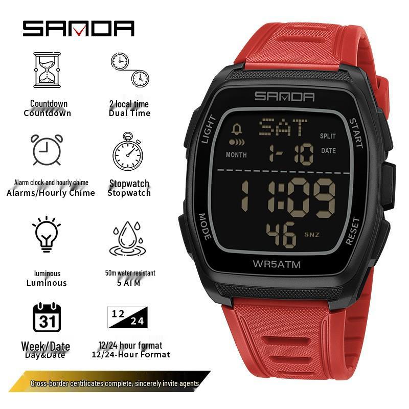 Sanda Wasserdichte Sport-Chronographenuhr für Herren - Multifunktionales Tonnenförmiges Design