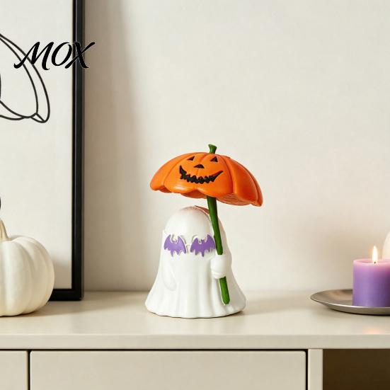 Festive Window Sill Decor Halloween Ghost Figurine with Pumpkin Umbrella And Bat Eyeglasses, Indoor Holiday Display Creative Statue for Party Desktop