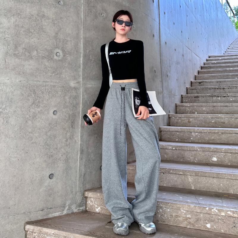 Retro Sporty Style Loose Temperament Casual Pants In Autumn New Wide-leg High-waisted Scimitar Floor Trousers for Women