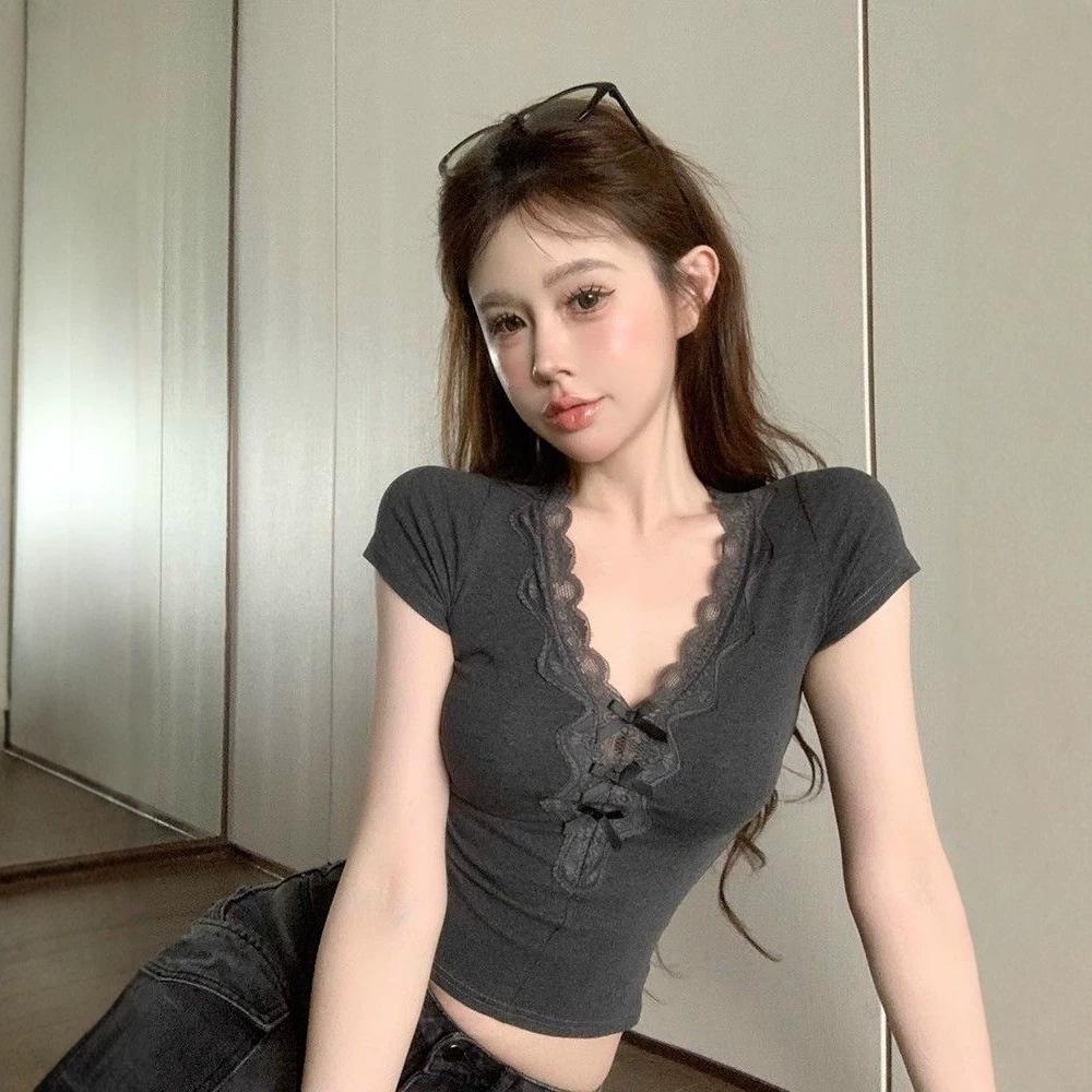 South East Asia new bow v-neck short-sleeved T-shirt women's summer slim-fit Spice Girl lace splicing top