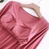Modal Cup Integrated Long-Sleeve Women's Korean-Style Loose Pajama Top with Chest Pad