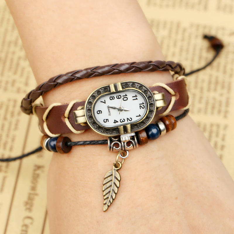 Women Genuine Leather Vintage Quartz Watch Multi Layer Handmade Bracelet Wristwatches Adjustable Length Couple Watch  Bangle