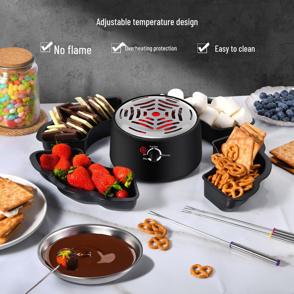 2025 Elektrischer Schmelztiegel für geröstete Marshmallows und Schokolade: Zwei-in-Eins-Käsefondue und Obstteller.