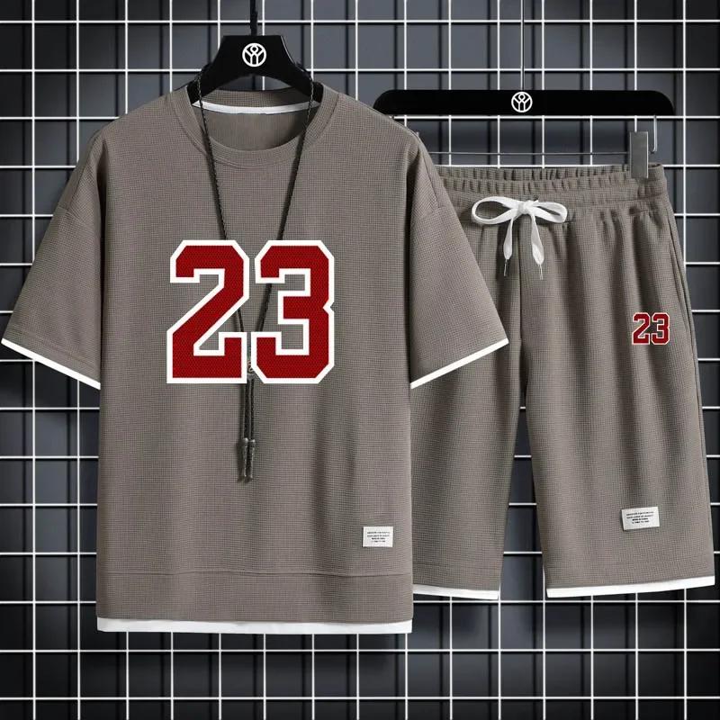 Set de pantaloni scurți pentru bărbați cu imprimeu waffle, 2 articole sport largi, stil Harajuku, modă de vară