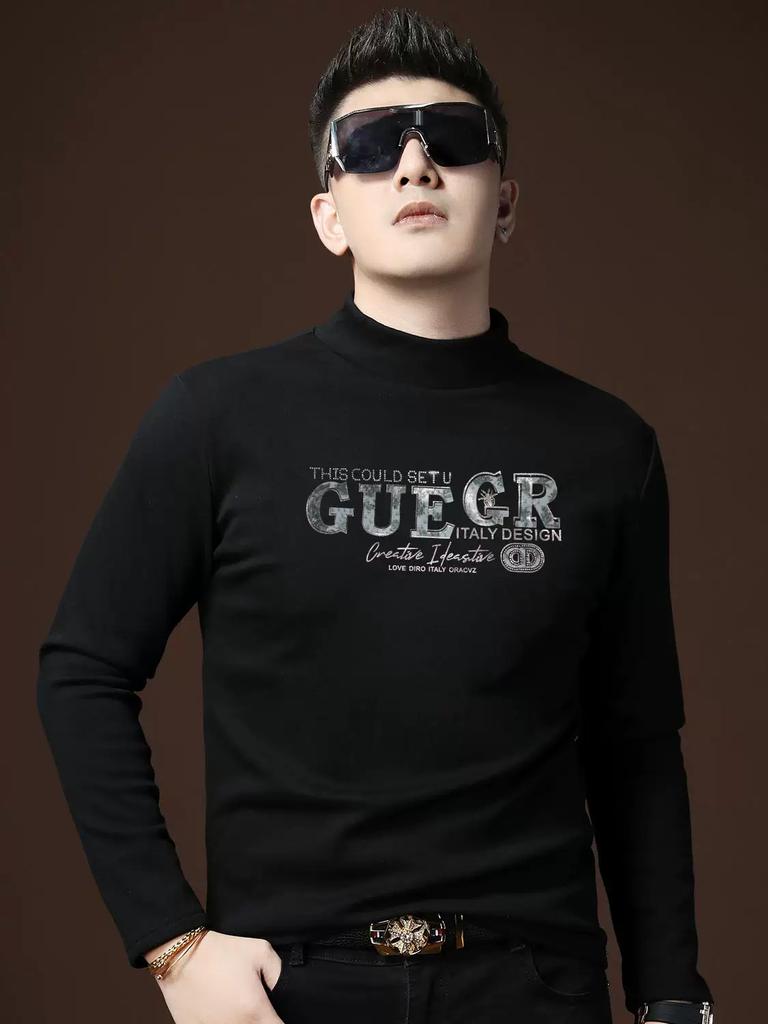 European Style Half-Turtleneck Base Shirt for Men, Autumn and Winter Style, Fleece-Lined Long-Sleeve T-Shirt, Trendy Letter Print, Casual Sweatshirt