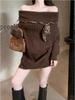 Korean Leopard Print Off-Shoulder Lace-Up Sweater - Women's Slim Fit Autumn/Winter Knitwear