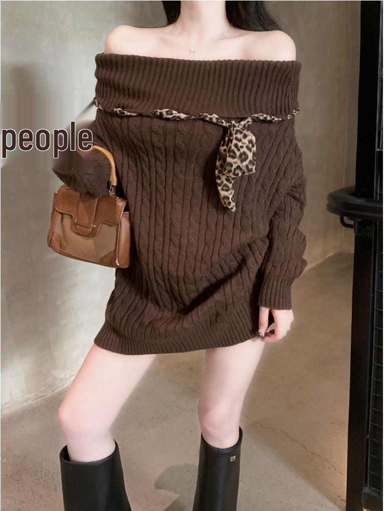 Korean Leopard Print Off-Shoulder Lace-Up Sweater - Women's Slim Fit Autumn/Winter Knitwear