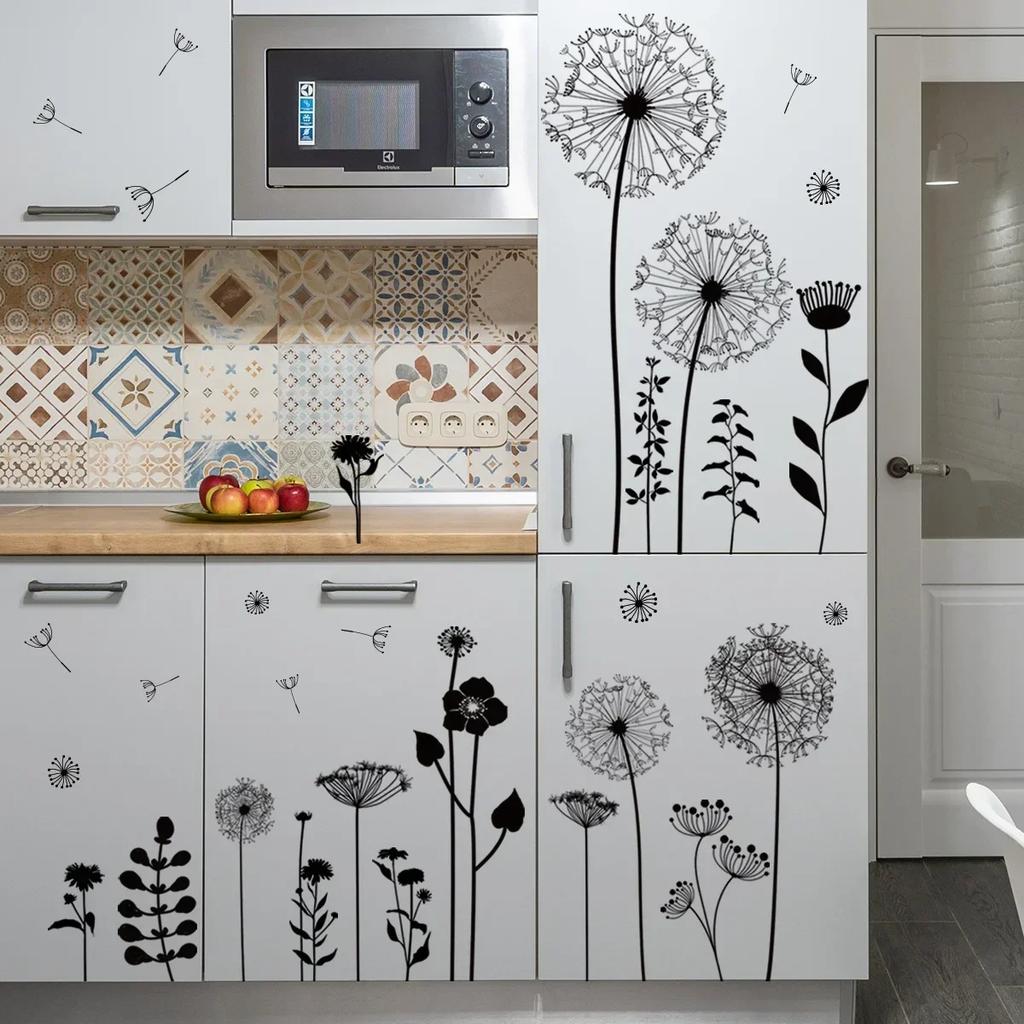 Wall Sticker Decorative Vinyl Adhesive Wall Sticker Wall Flowers Dandelion for Window Room Bedroom Black Home Decoration