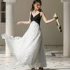 French niche retro black and white splicing irregular ruffle edge super fairy suspender dress women's vacation pleated long dress