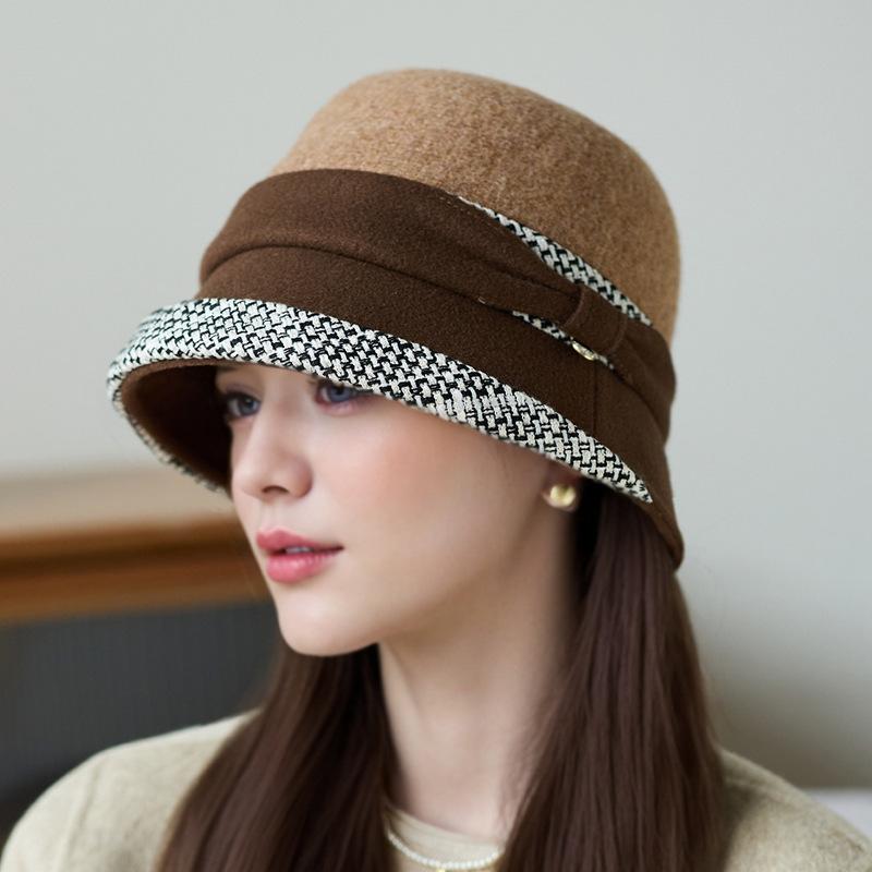 Nový dámský zimní klobouk bucket Módní malý kostkovaný vlněný klobouk kbelíkový Venkovní cestovní teplý klobouk