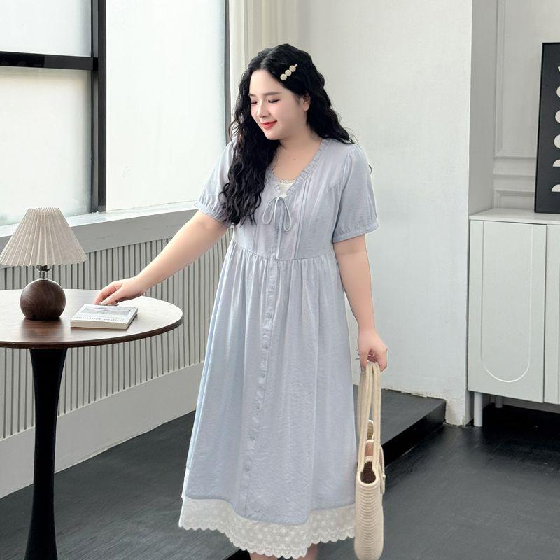 

Plus size women clothing [Blue Dream Huayun] Elegant Wooden Ear Lace Short sleeve Summer Chubby Girl Long Lace Dress Light Blue 5XL([Recommended 87.50 kg-97.50 kg]])