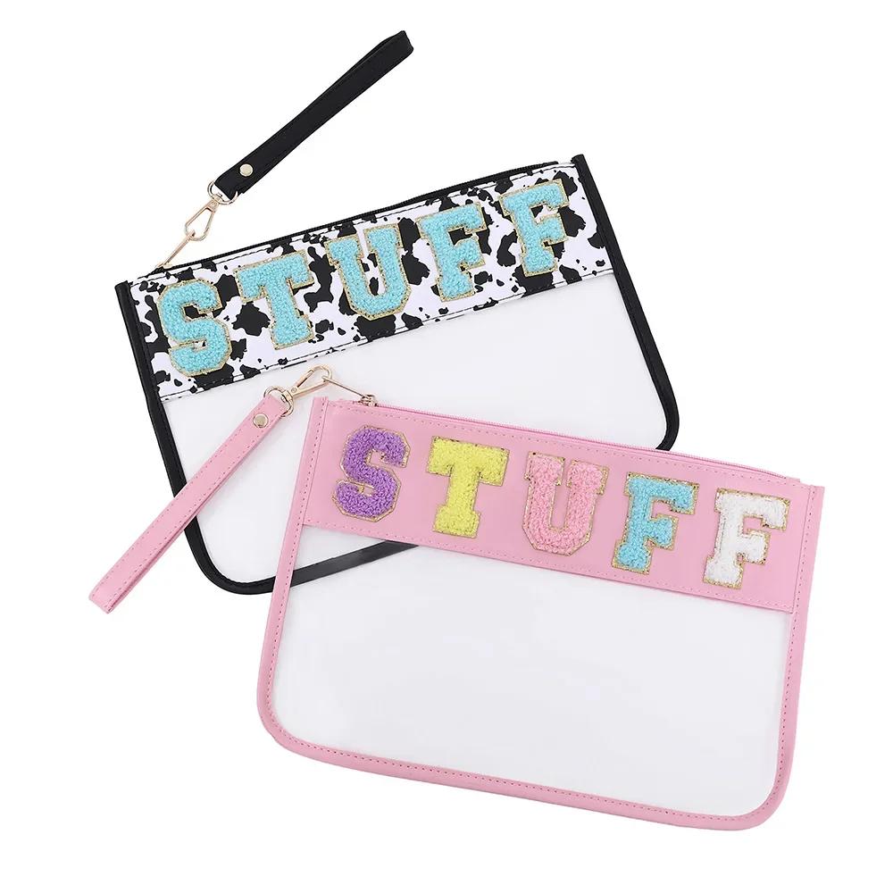 PVC Clear Letter Wash Cosmetic Bag Travel Snack Bag Clear Letter Embroidered Bag for Travel Beach Portable Toilet Storage