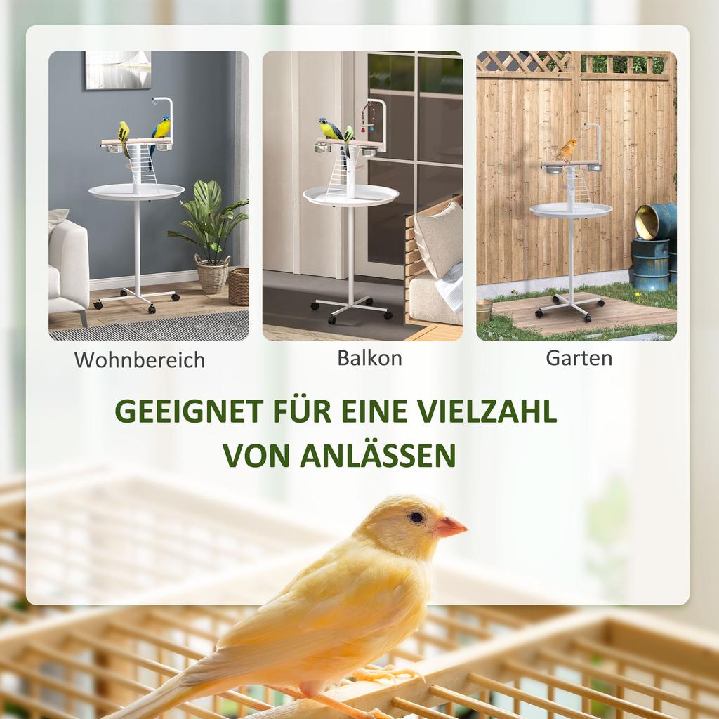 Bird Stand with Four Wheels, Perches, Stainless Steel Feed Bowls, Round Tray, for Garden, Indoor, Outdoor - White