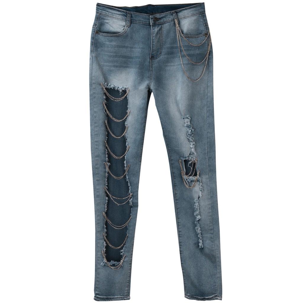 Fashion Women Solid Slim Denim Ripped Chain Big Hole Jeans Trousers Pencil Pants