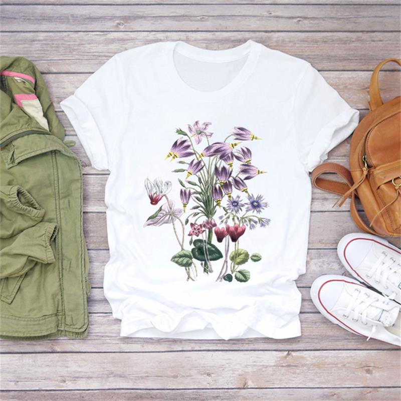 Casual Flower Graphics Women's T-Shirt 90S Summer Blouse Short Sleeves Tees Loose White O-Neck Shirts Female Tops Kpop Clothing
