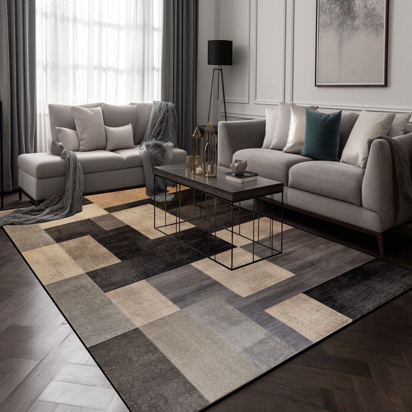 

Black Brown Geometry Carpets for Living Room Modern Simple Plaid Room Decor Carpet Lounge Sofa Area Rug Soft Washable Floor Mat 60x90cm