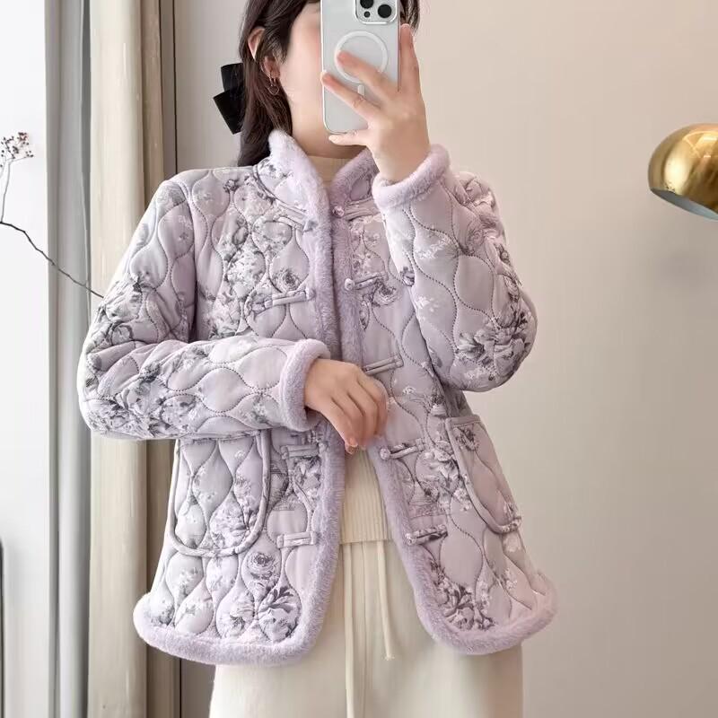 Women's Stand Collar Floral Padded Jacket - Chinese Style Winter Coat with Retro Frog Buttons and Ethnic Design, Plus Velvet for Warmth.