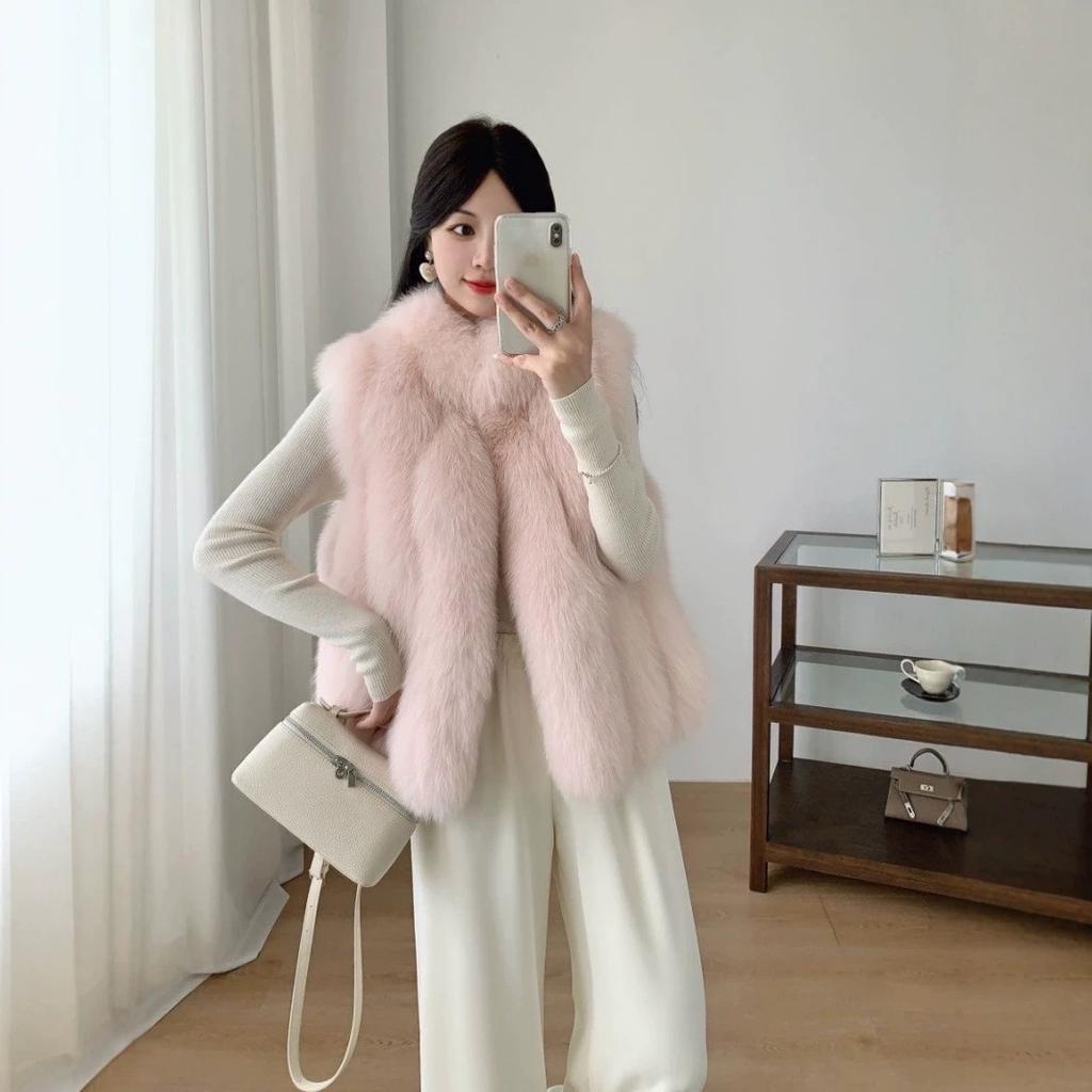 [Jeju Snow Realm] Autumn and winter new high-luxury whole leather real fox hair vertical strip collar stacked wearing vest jacket