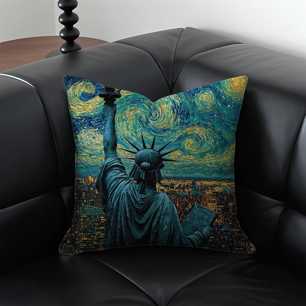 Oil Painting Statue Of The Statue Of Liberty Cushion Cover Pillow Case Anti-Dustmite Invisible Zipper Silky Plush Cushion