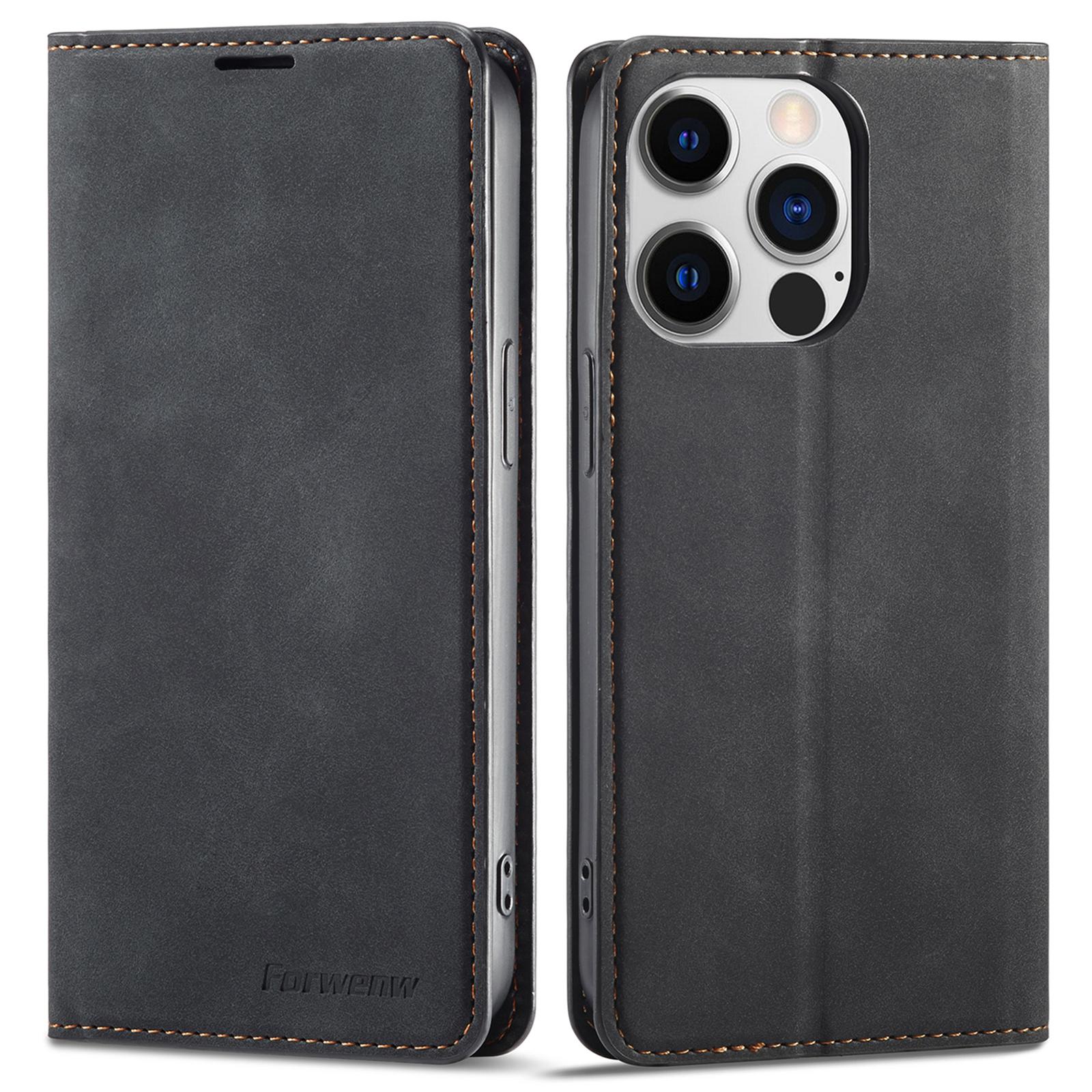 

Противоударный чехол для телефона FORWENW для iPhone 14 Pro Max, чехол для телефона с кожей на ощупь, подставка, серия Fantasy, кожаный чехол-кошелек Black