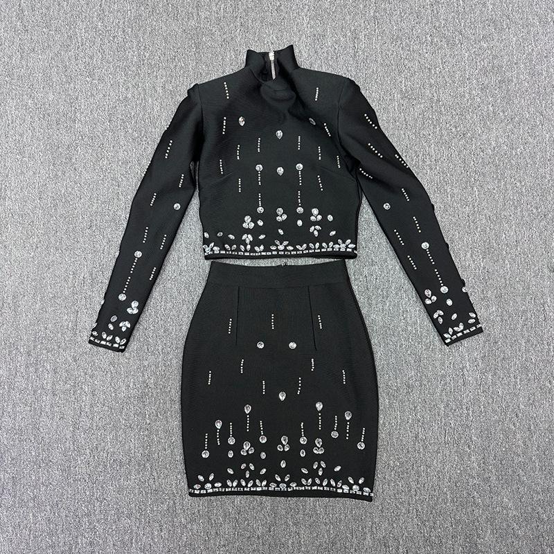Chic French Socialite Rhinestone Bandage Top & Hip-Hugging Midi Mini Skirt Set