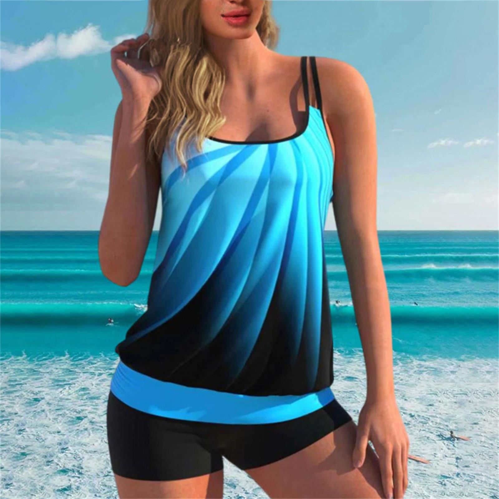 

Женский купальник из двух частей. Купальник на бретельках. Купальник из двух частей с подкладкой и открытой спиной. Жилет с плавками. Тонкий комплект градиентного купальника с принтом. L синий