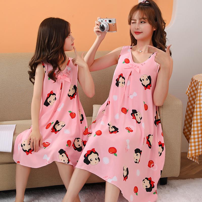 Cămașă de noapte de vară din bumbac fără mâneci pentru fete - Pijamale asortate mamă-fiică