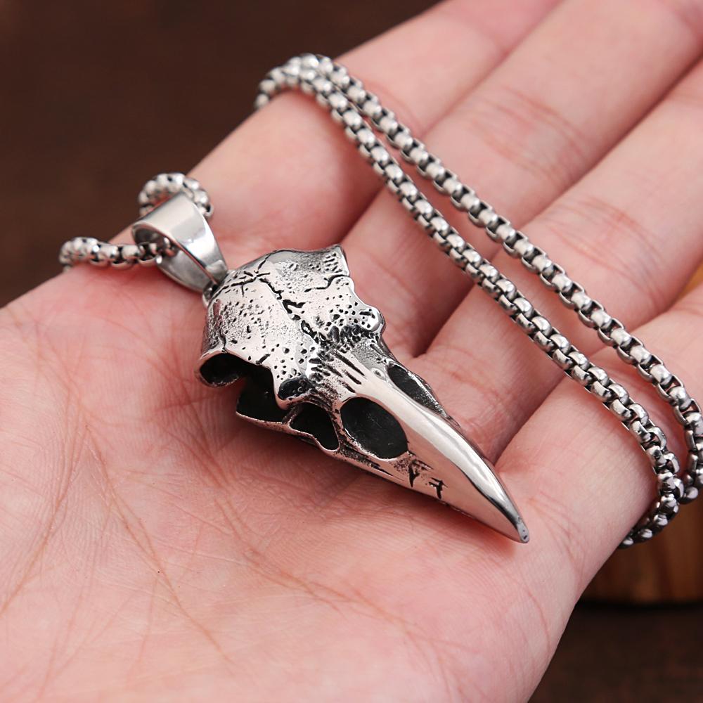 Punk Vintage Viking Crow Head Bird Skull Pendant For Men Stainless Steel Animal Chain Necklaces Fashion Jewelry Gifts