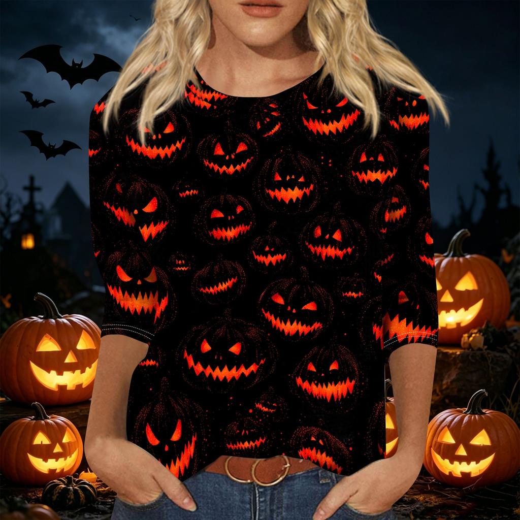 Women's Halloween Print 3/4 Sleeve Shirt Loose Fit Casual Round Neck Pullover Top Lightweight Comfortable Fabric Suitable for Daily Wear