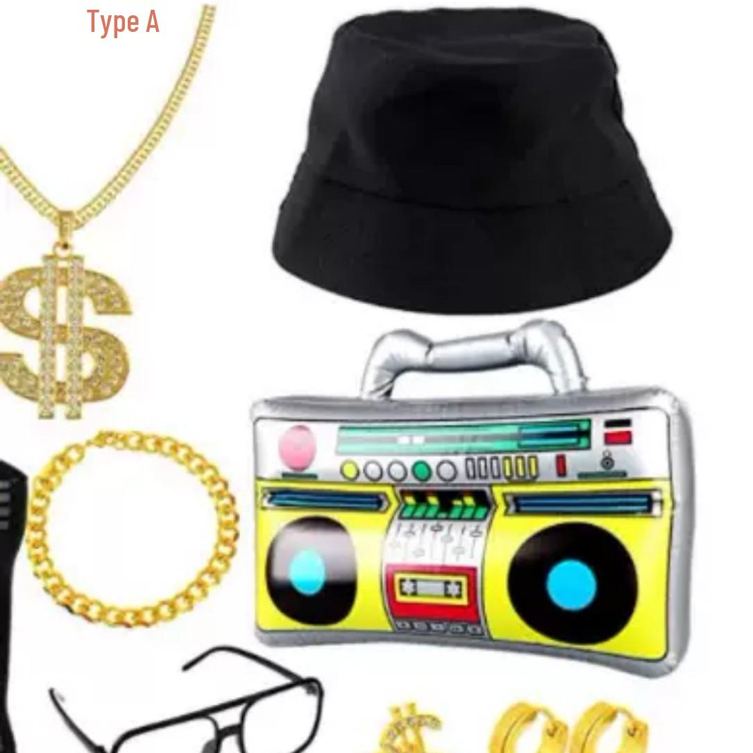 

Набор для хип-хоп вечеринки: Ожерелье Золотой доллар, Кольцо, Надувной динамик и Черная шляпа от солнца. 7MM Bracelet золотой