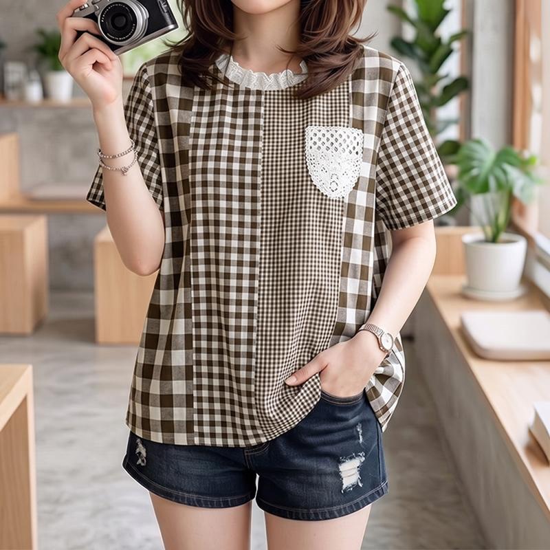 ZANZEA Women Plaid Print Casual Round Neck Loose Short Sleeve Blouse