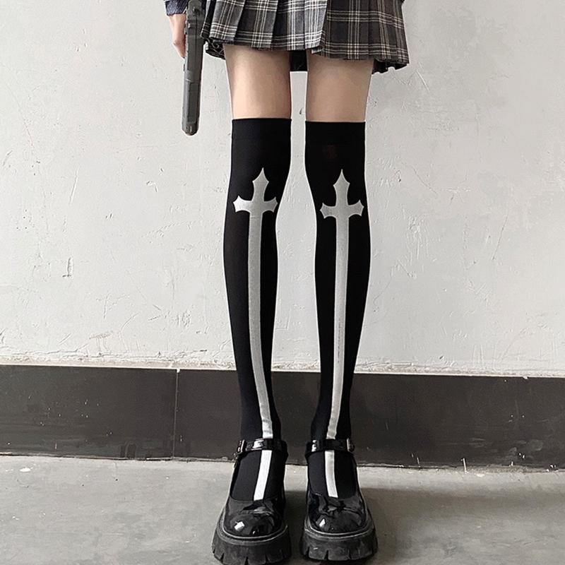 Damen Oberschenkelhohe Socken Halloween für Cross Sword Strümpfe Kniehohe Socken Atmungsaktive Baumwollsocken Gothic Kostüm Requisite