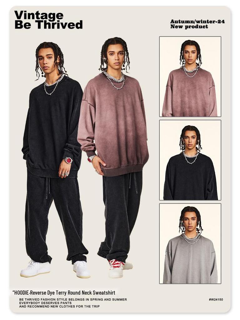 BE Men's Fashion | 2025 Autumn Oversized Round Neck Sweatshirt - European & American Trend, High-Quality, Basic Style, Washed Loose Fit