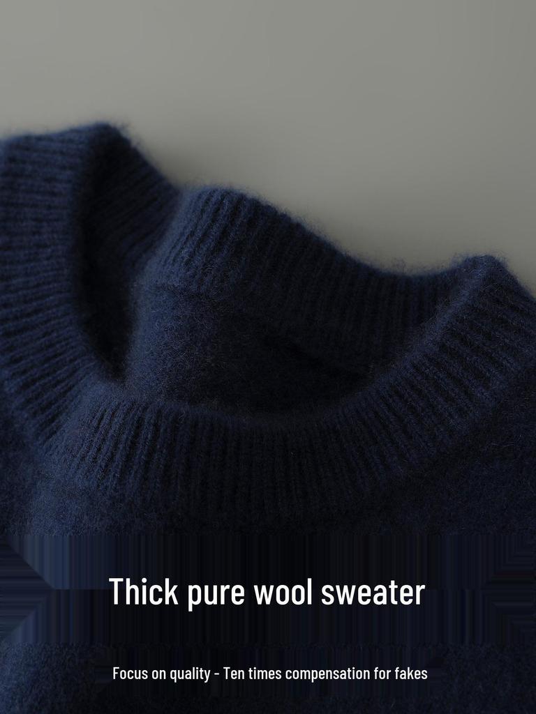 Herren-Pullover aus reiner Wolle, dick, mit Rundhalsausschnitt für Herbst/Winter - Lässig, Warme Strick-Basisschicht