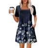 Women's Summer Casual Square Neck Pleated Front With Pocket Printed Short Sleeve Dresses
