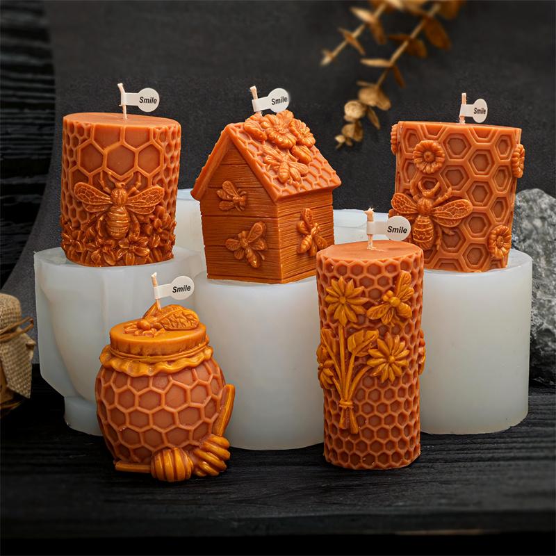 3D Honeycomb Column Silicone Candle Mold DIY Flower Bee Honey Pot  Bee House Designs Candles Plaster Crafts Cute Home Decor