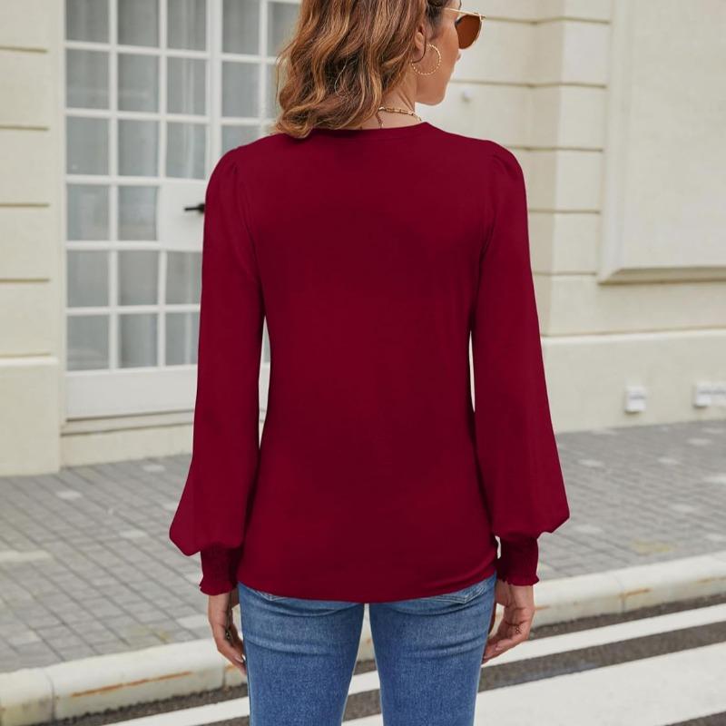 Plus Size Women's Spring New Long Sleeve V Neck Lock Casual Bubble Sleeve Top