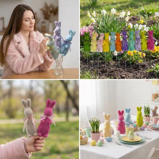 Easter Flocked Bunny Figurine Small Foam Rabbit with Bow Tie Spring Bunny Stake for Outdoor Indoor Yard Lawn Planter Pot Decor