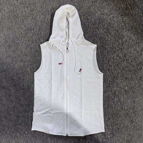 Men Hooded Zip-up T-Shirt Jacquard Sleeveless Hoodie Tee Stylish Textured Summer Tank Top for Gym Street Party Holiday