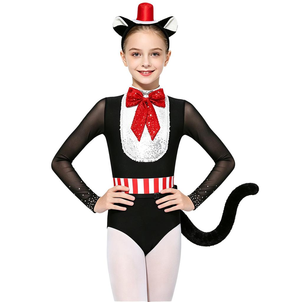 Kids Themed Party Halloween Costume Mock Neck Long Sleeve Bowknot Sequin Mesh Patchwork Bodysuit with Hair Hoop Faux Tail for Cosplay Stage