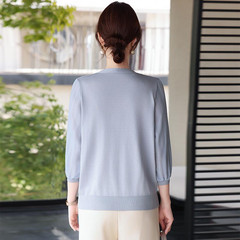 Stylish Spring & Autumn Knit T-Shirt for Middle-aged Women with Flowing Ribbon