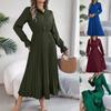 Vestido Maxi de Manga Larga para Mujer con Cuello en V, Botones, Vestido Largo Casual de Cintura Alta con Pliegues y Gran Vuelo, Vestido A-Line