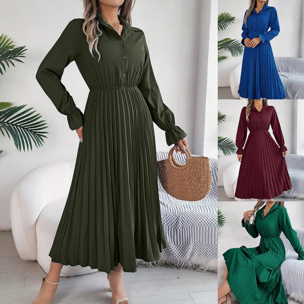 Women's Long Sleeve Maxi Dress V-Neck Button Long Dress Casual High Waist Pleated Big Swing A-Line Dress