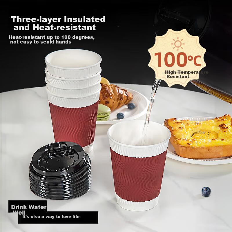 Temeiju Disposable Coffee Cups, Thick Paper Cups, Heat-Resistant Cups, Food-Grade Water Cups, Corrugated Business Tea Cups, 30 Sets with Lids