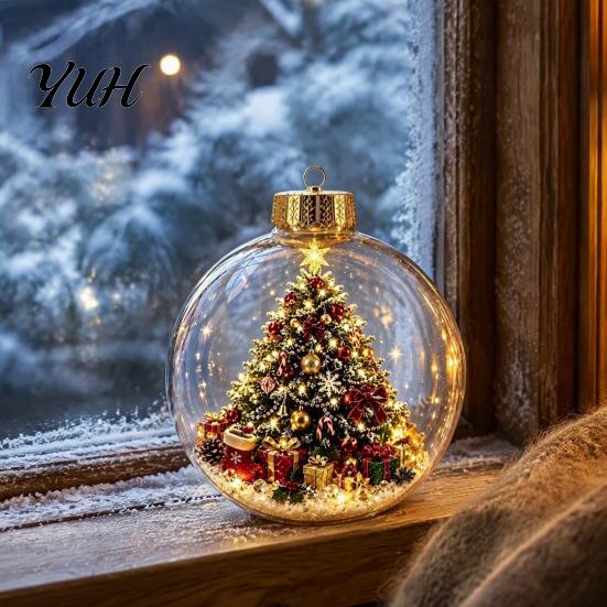Bulk Decorative Baubles Clear Christmas Ball Ornaments, Acrylic Hanging Decoration with Gingerbread House Small Gifts Reindeer Santa Tree Inside